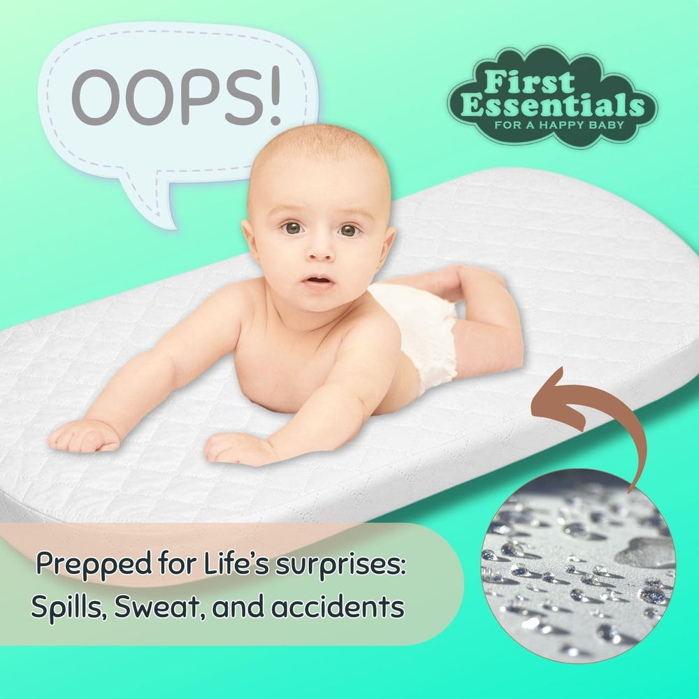 First Essentials bassinet pad waterproof surface for easy spot-cleaning and hygienic naps.