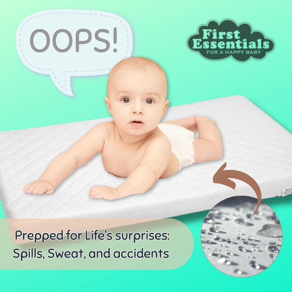 First Essentials bassinet mattress breathable surface promotes comfortable, airy rest.