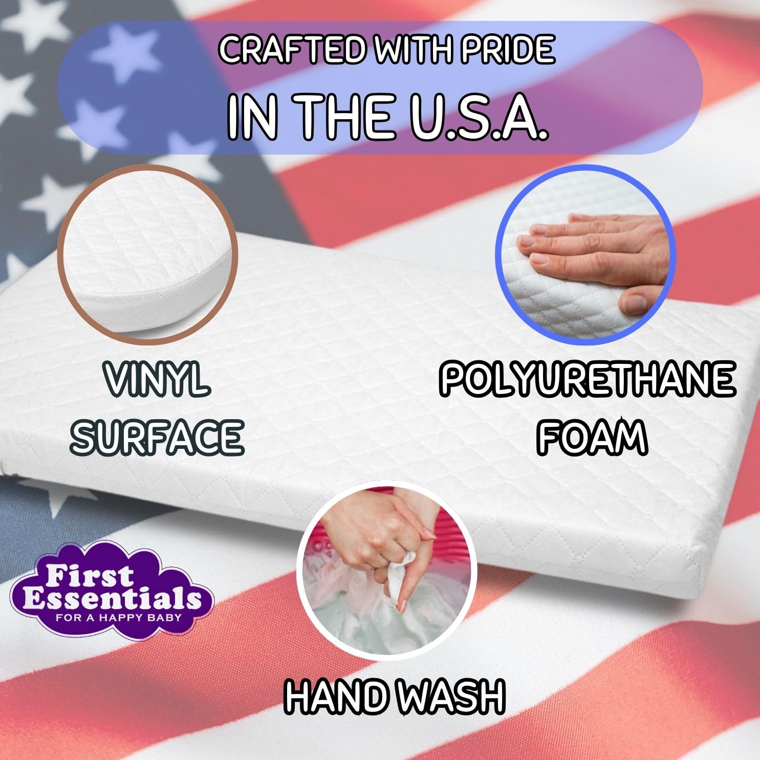 First Essentials bassinet mattress pad non-toxic fabrics meet safety standards.