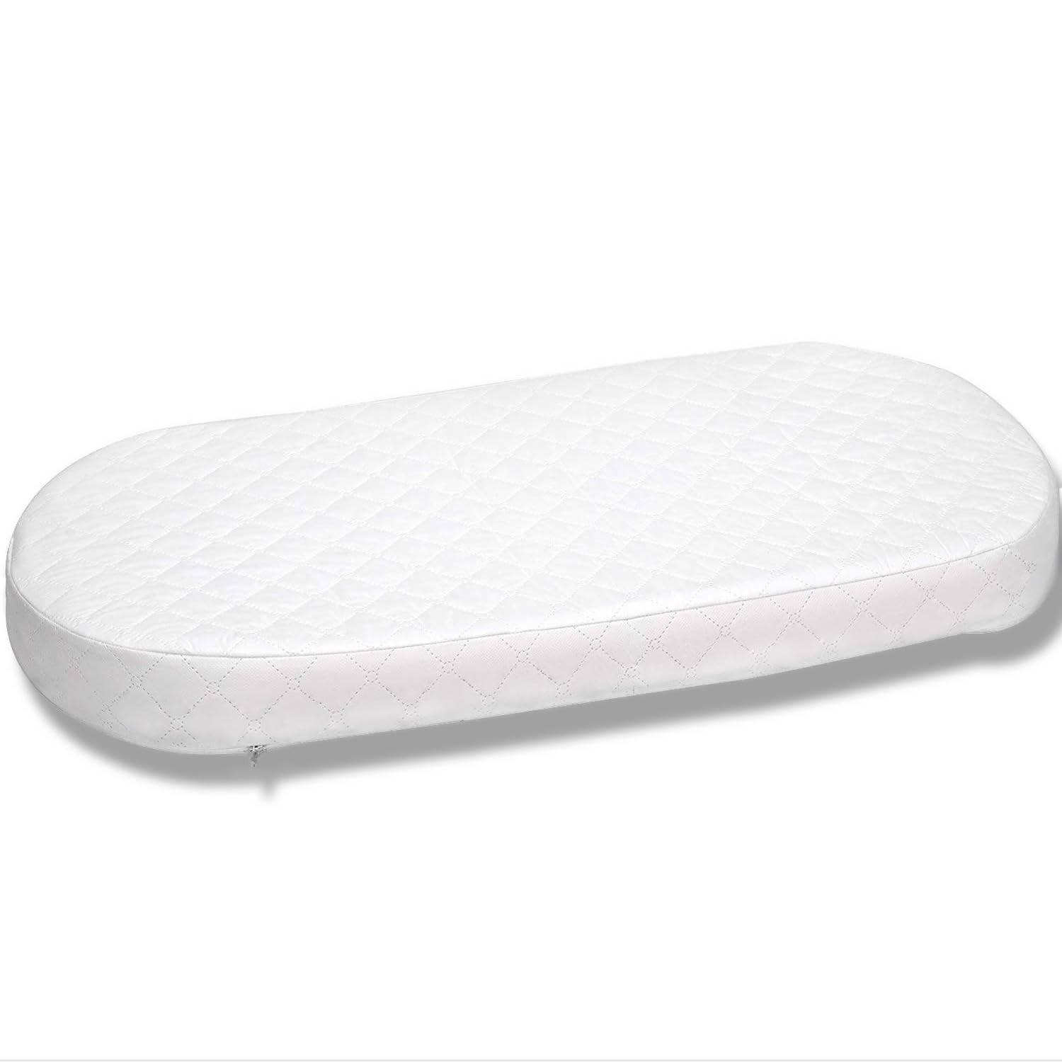First Essentials bassinet mattress pad oval 16x31 side profile highlights durable edge support