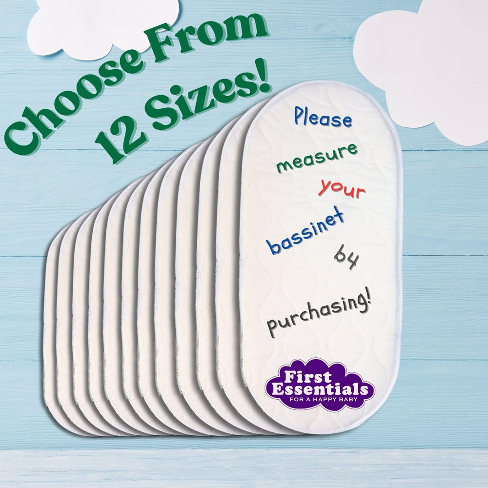 First Essentials bassinet mattress pad spot-clean image illustrates quick wipe care