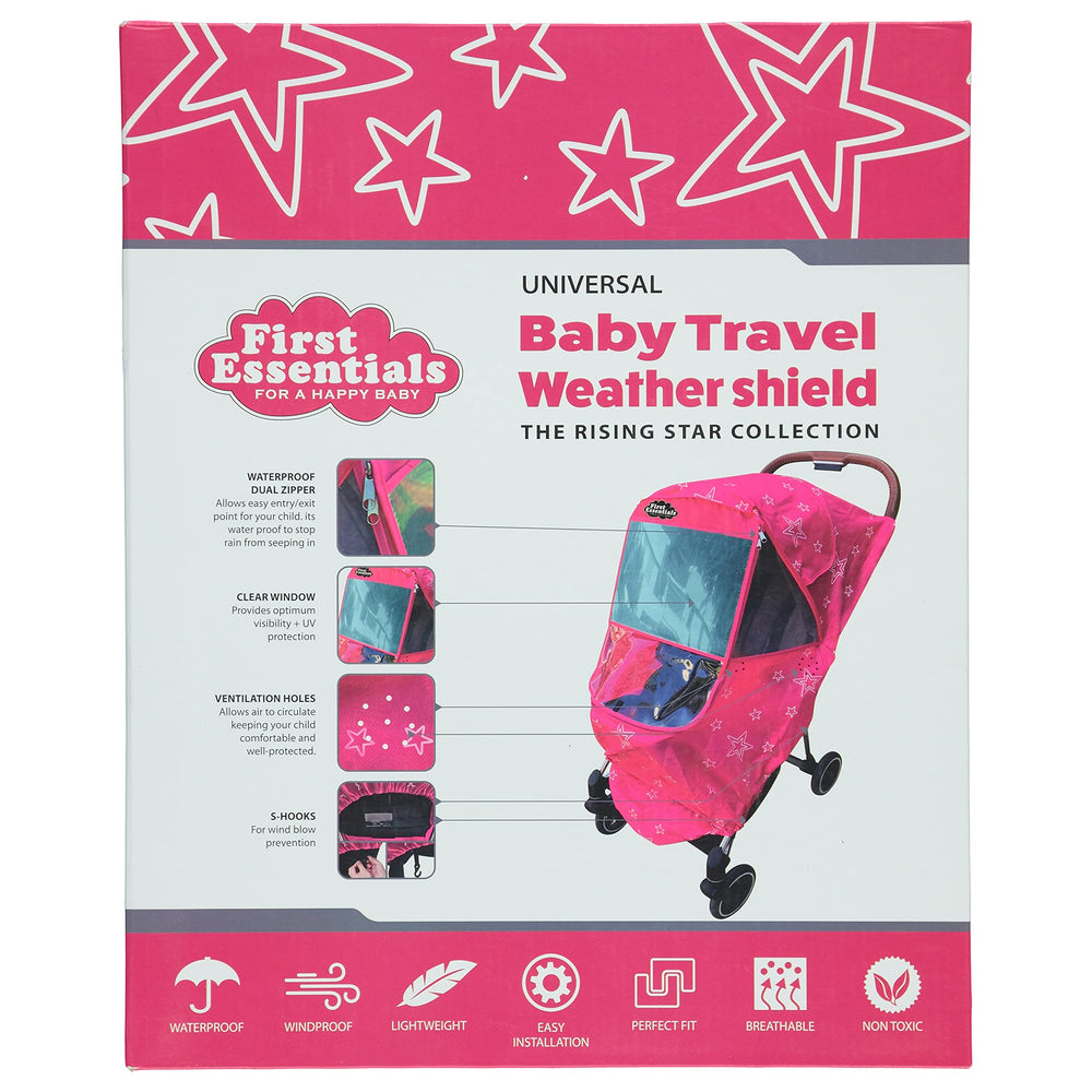 First Essentials pink rain cover fully deployed to shield from rain
