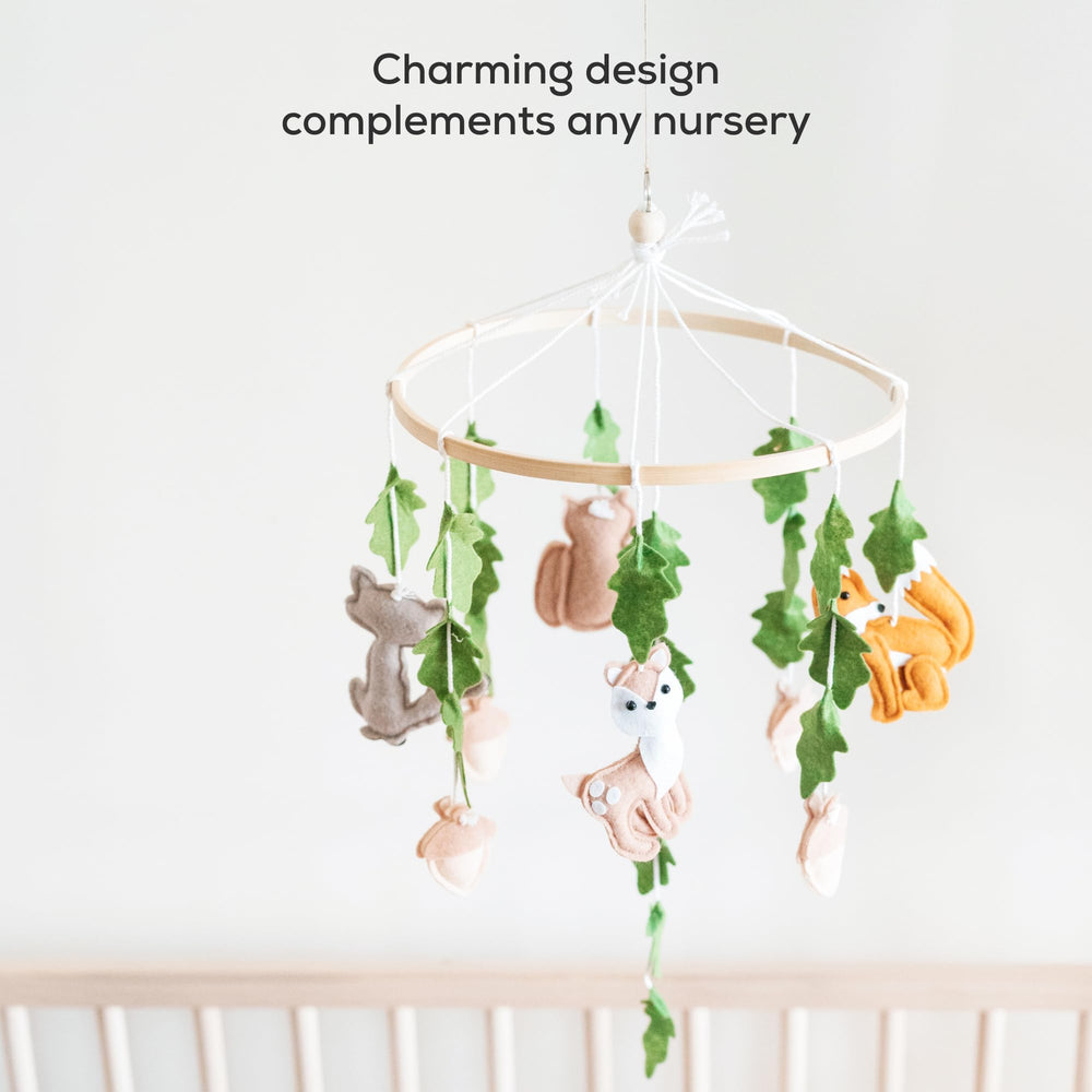 First Landings forest mobile stitching-detail — durable, child-friendly craftsmanship.
