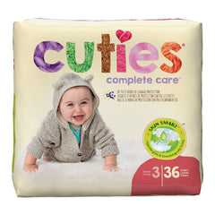 First Quality Cuties Complete Care diaper with elastic waistband for secure, comfortable fit.