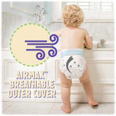 First Quality Cuties Complete Care diaper with hypoallergenic lining featuring aloe and botanicals for skin-friendly wear.