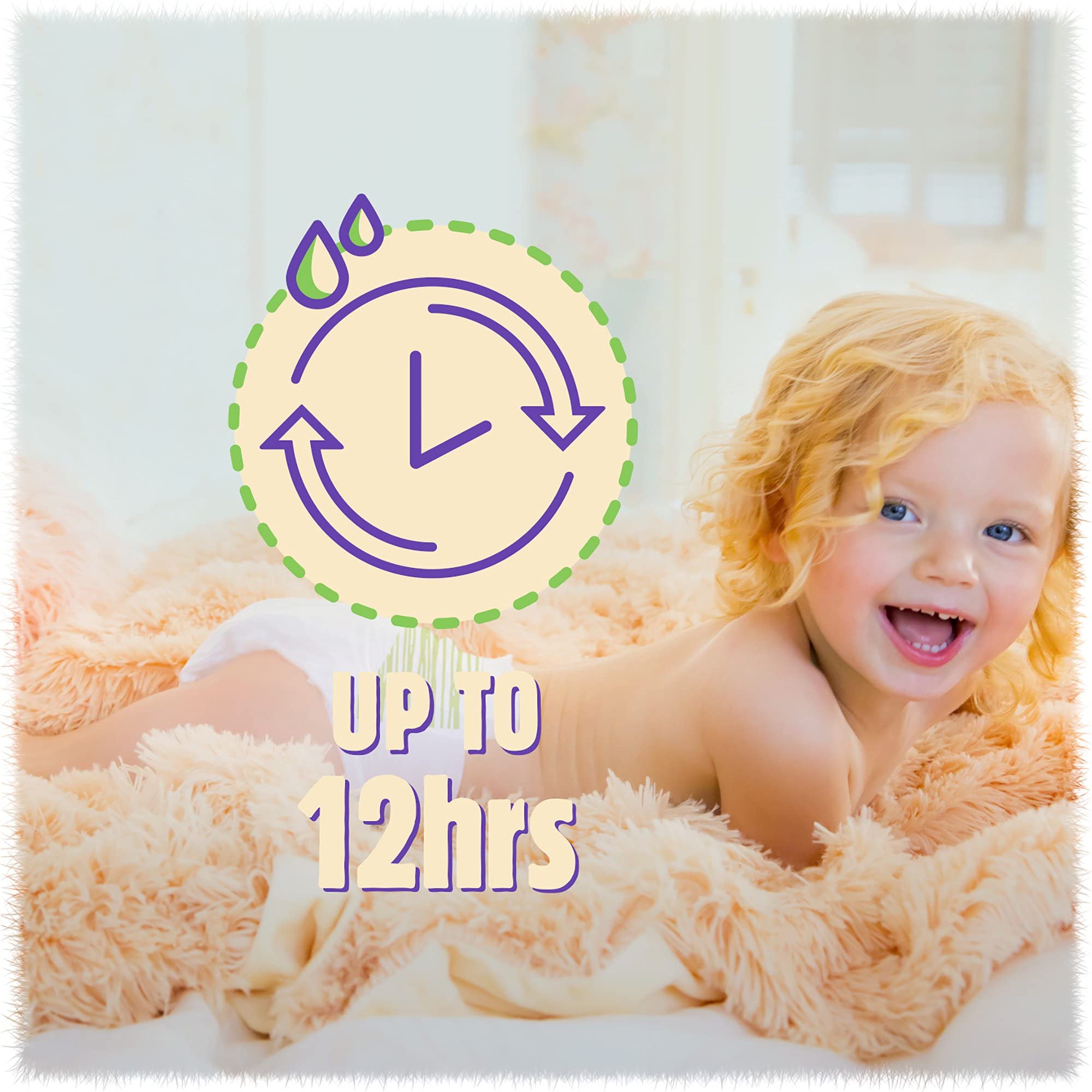 First Quality Cuties Complete Care diaper showing flexible side panels for movement and protection.