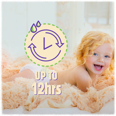 First Quality Cuties Complete Care diaper showing flexible side panels for movement and protection.