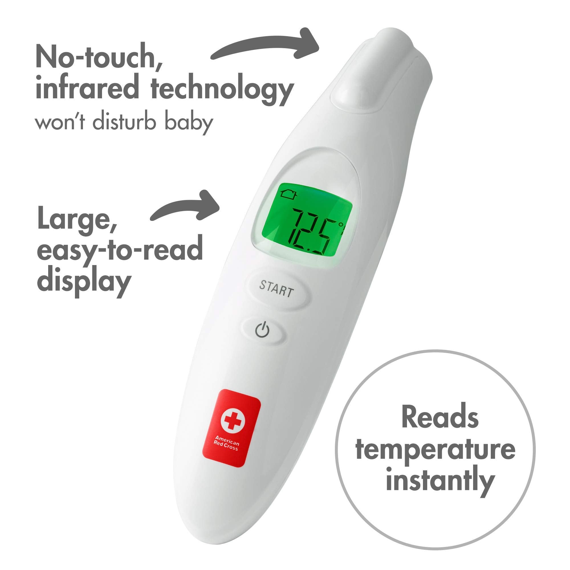 The First Years American Red Cross forehead thermometer in use for adults and kids.