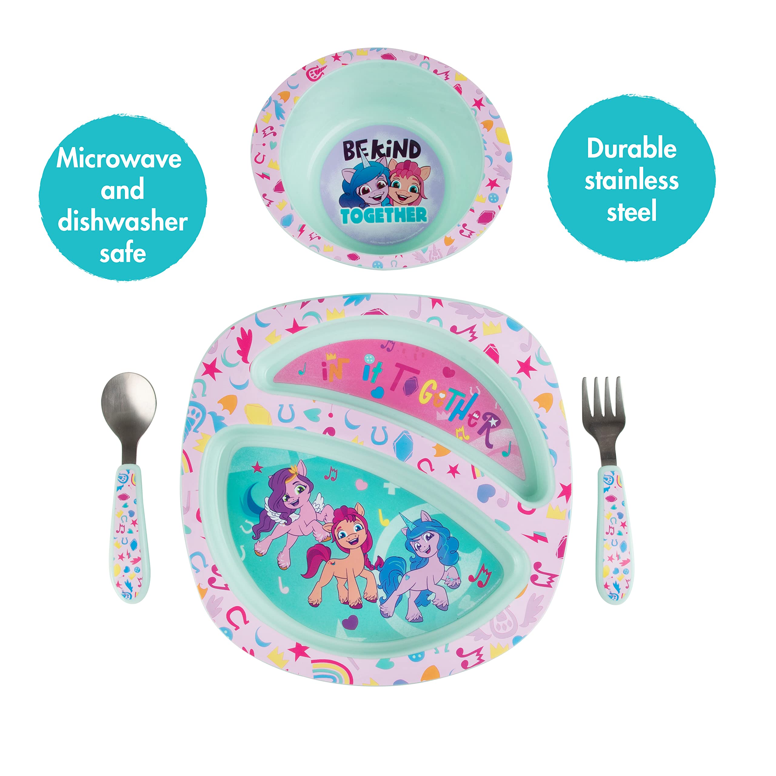 The First Years My Little Pony set is dishwasher safe for quick, easy cleanup after meals.