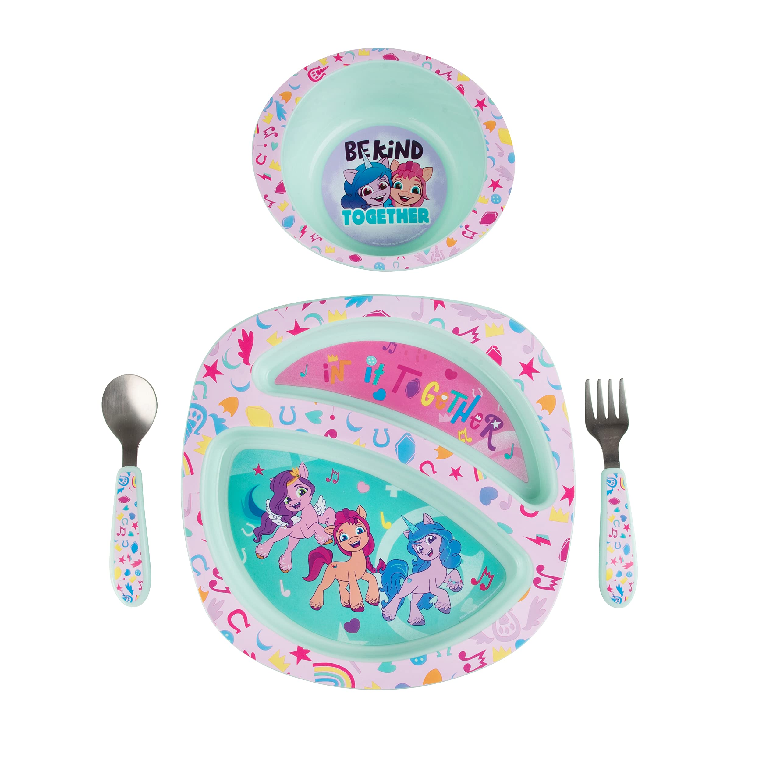 The First Years My Little Pony mealtime set full view highlights self-feeding friendly design and colorful pony motifs.