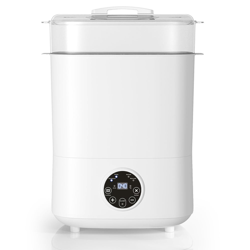 Fisca sterilizer and dryer with lid open showing large capacity for bottles