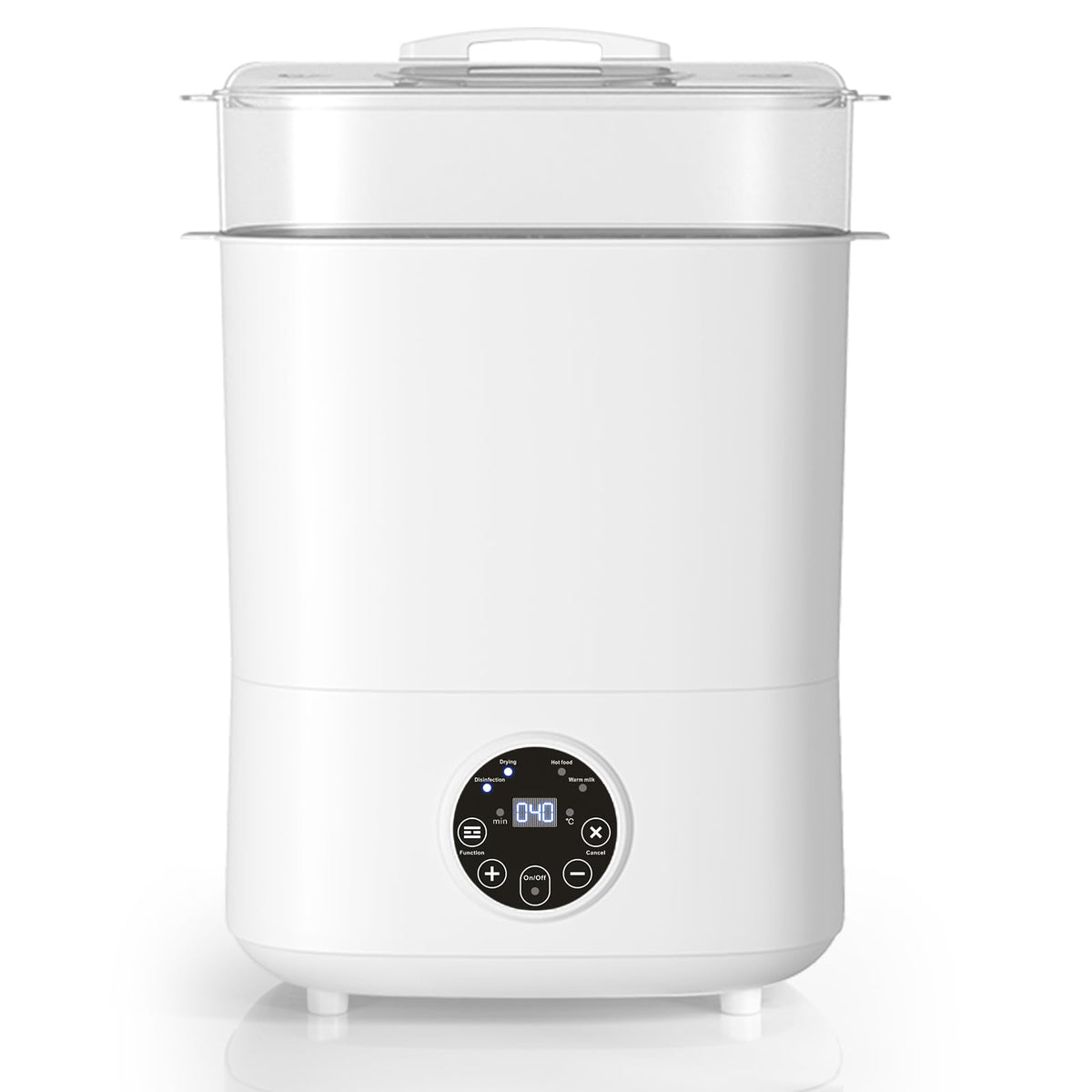Fisca sterilizer and dryer with lid open showing large capacity for bottles