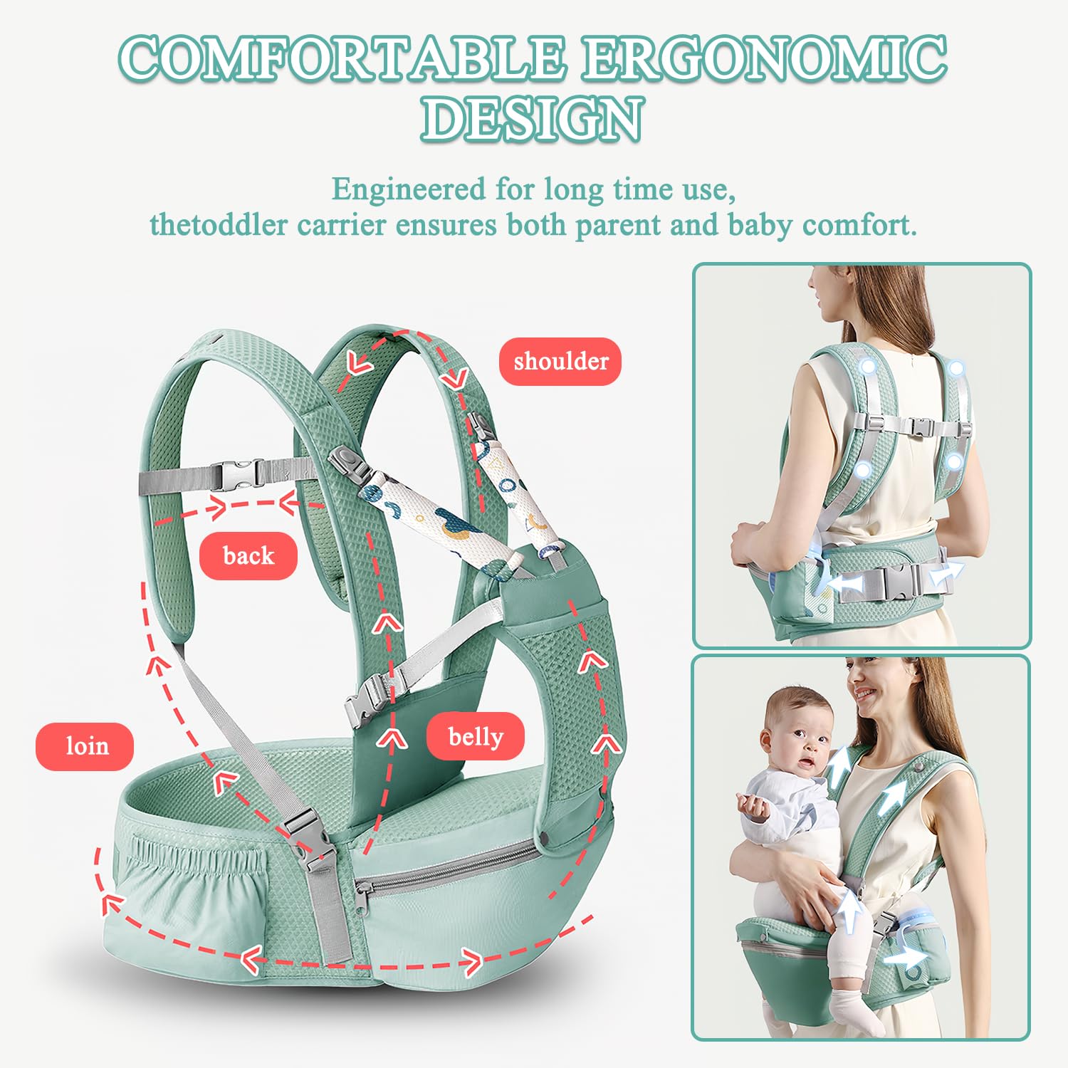 Fisca baby carrier back carry demonstrates hands-free comfort.