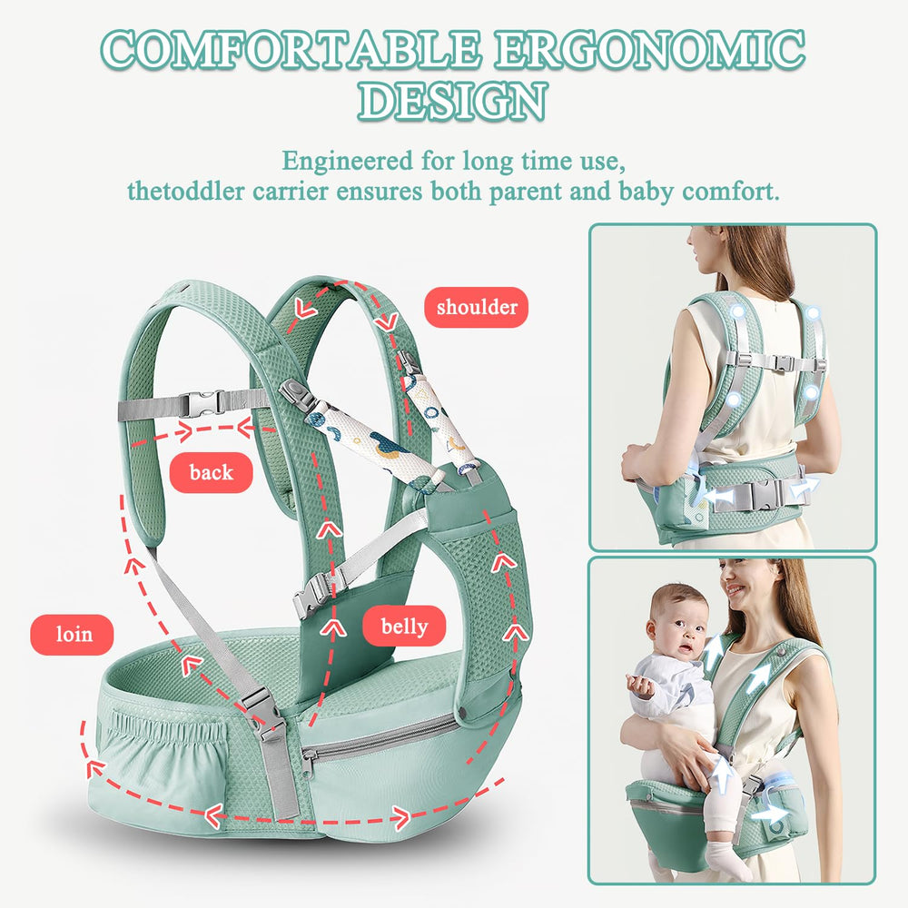 Fisca baby carrier back carry demonstrates hands-free comfort.