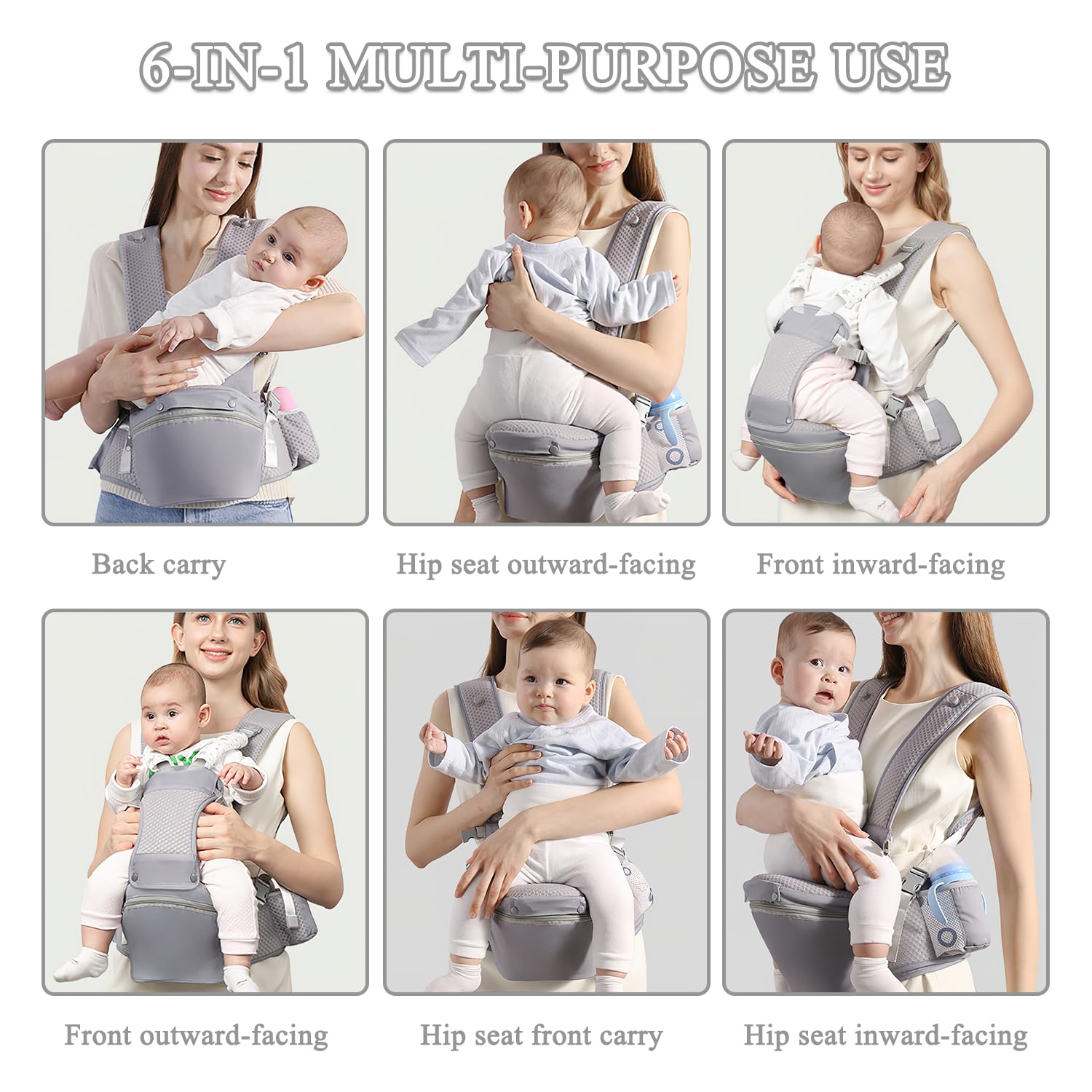 Fisca baby-carrier front view outward-facing with hip-seat demonstrates adjustable positions for growing babies.