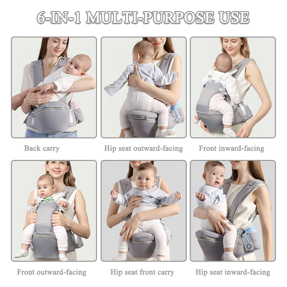 Fisca baby-carrier front view outward-facing with hip-seat demonstrates adjustable positions for growing babies.