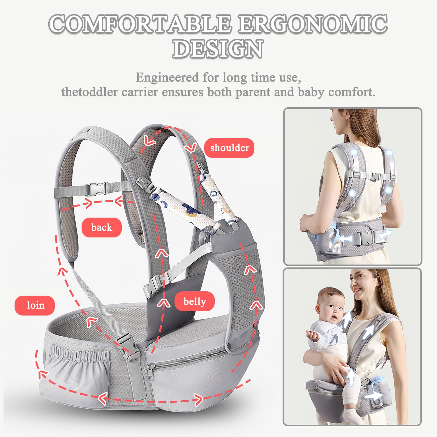 Fisca baby-carrier hip-seat-detachable highlights flexible carrying and easy transitions.