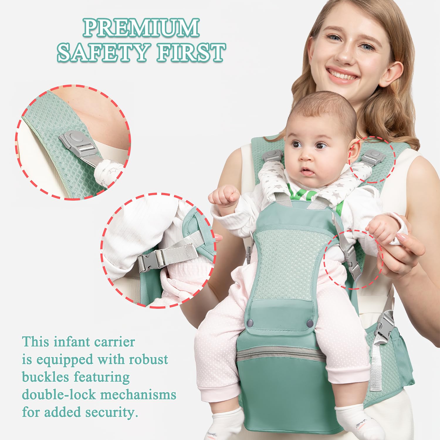 Fisca hip-seat front carry highlights natural hip position and support.