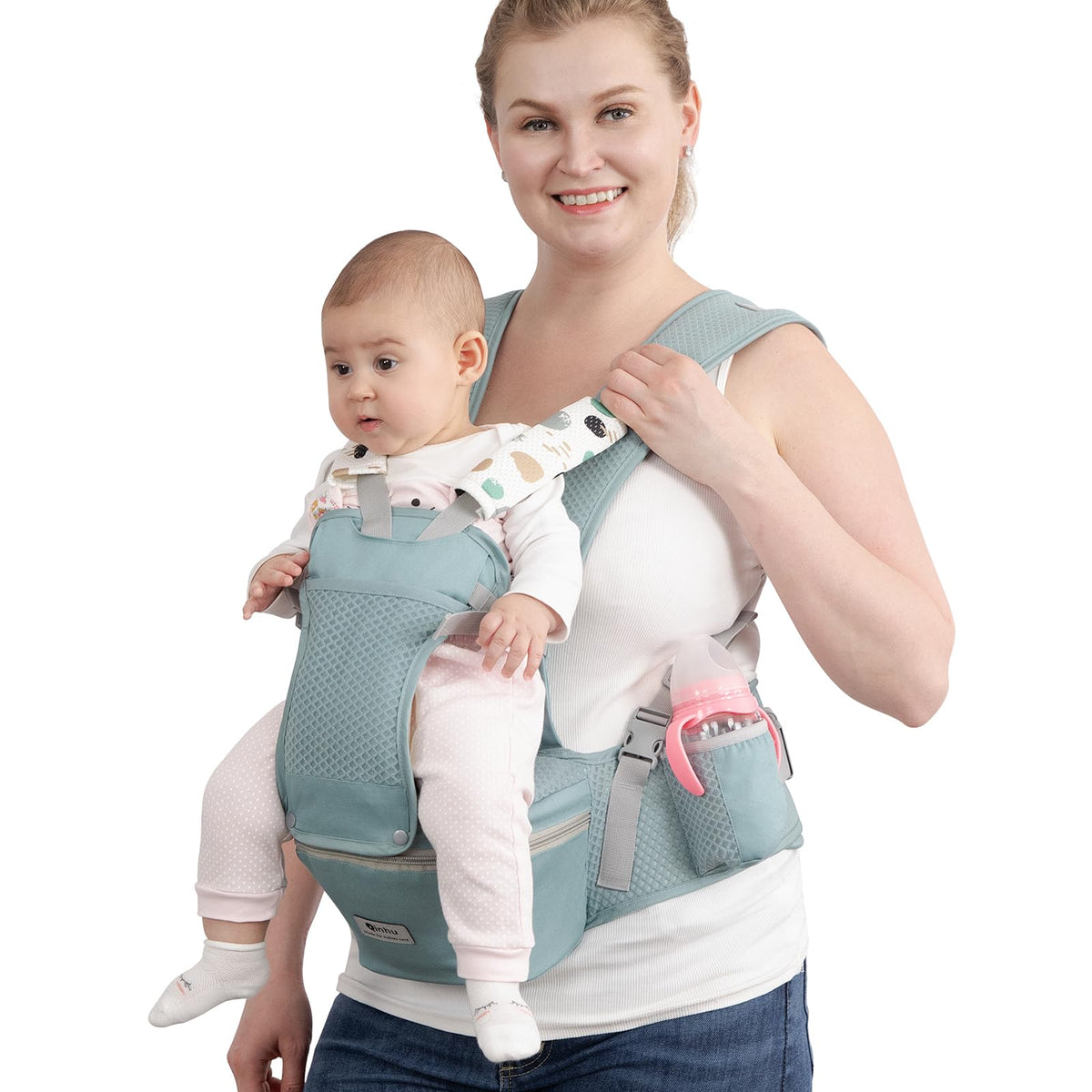 Fisca baby carrier hip-seat setup shows ergonomic design and detachable hip seat.