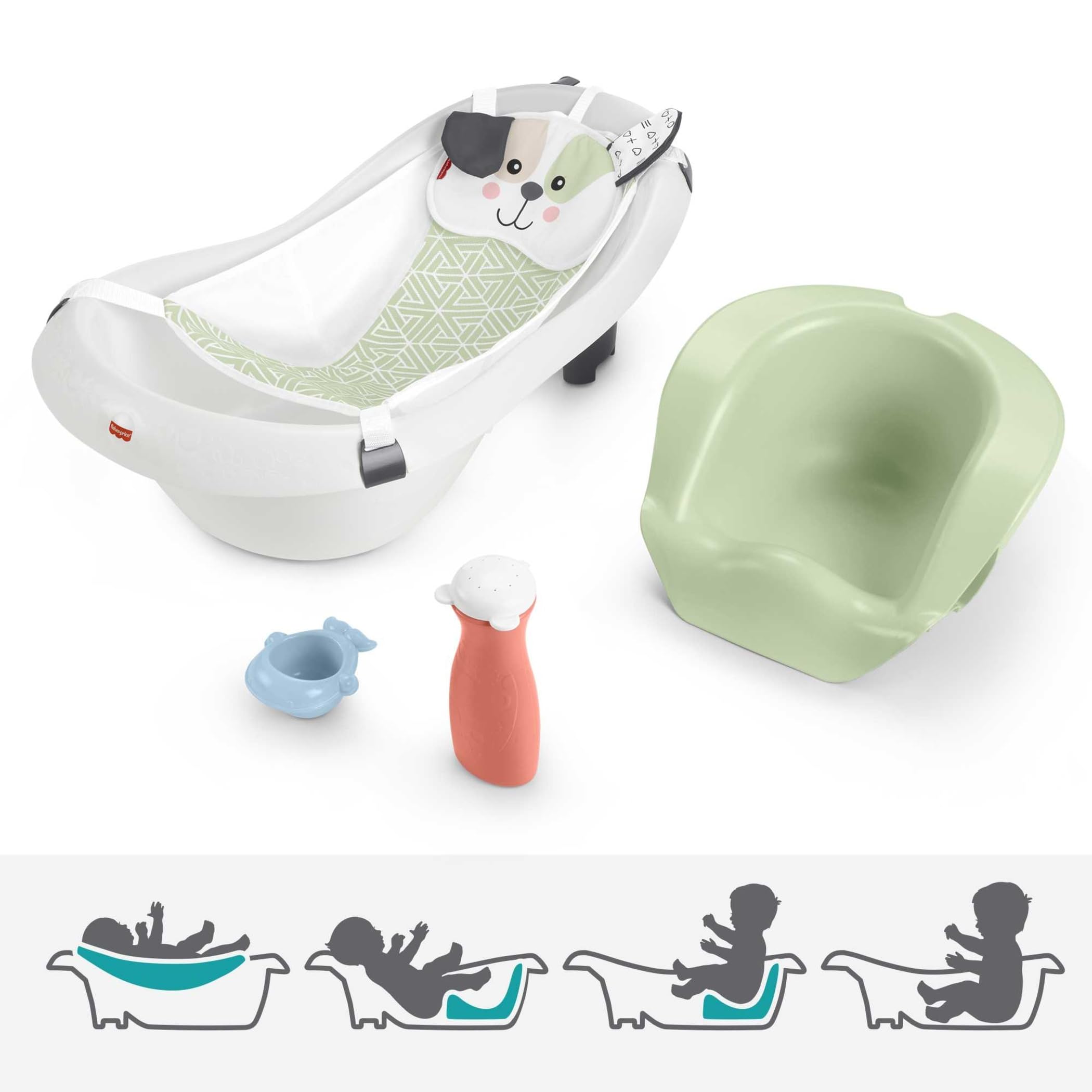 Fisher-Price 4-in-1 sling-n-seat tub with Puppy headrest eases newborn bath time.