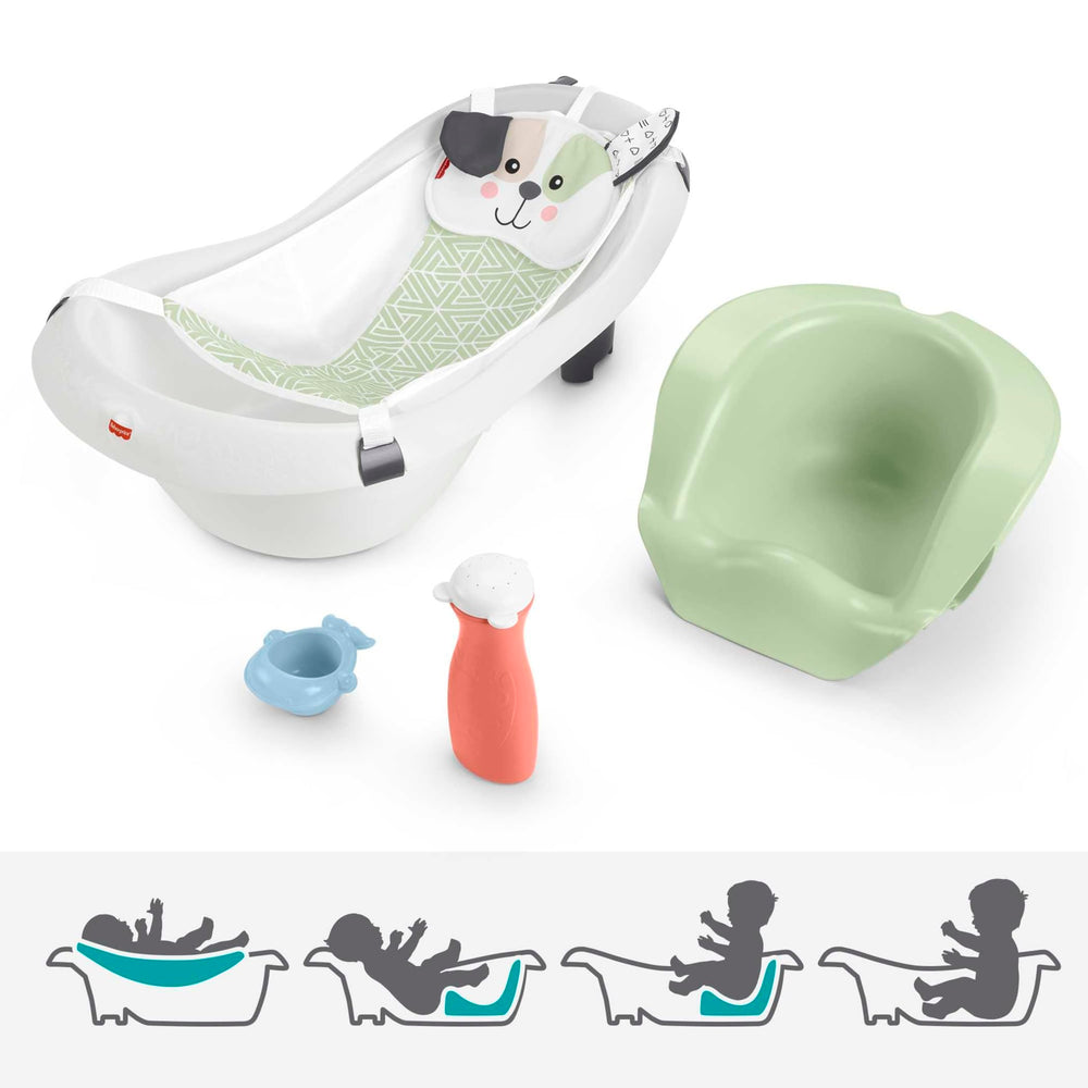 Fisher-Price 4-in-1 sling-n-seat tub with Puppy headrest eases newborn bath time.