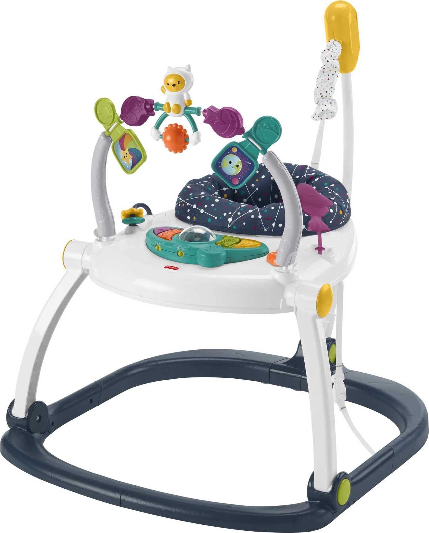 Fisher-Price Astro Kitty Jumperoo front view showing bouncing action for gross motor play