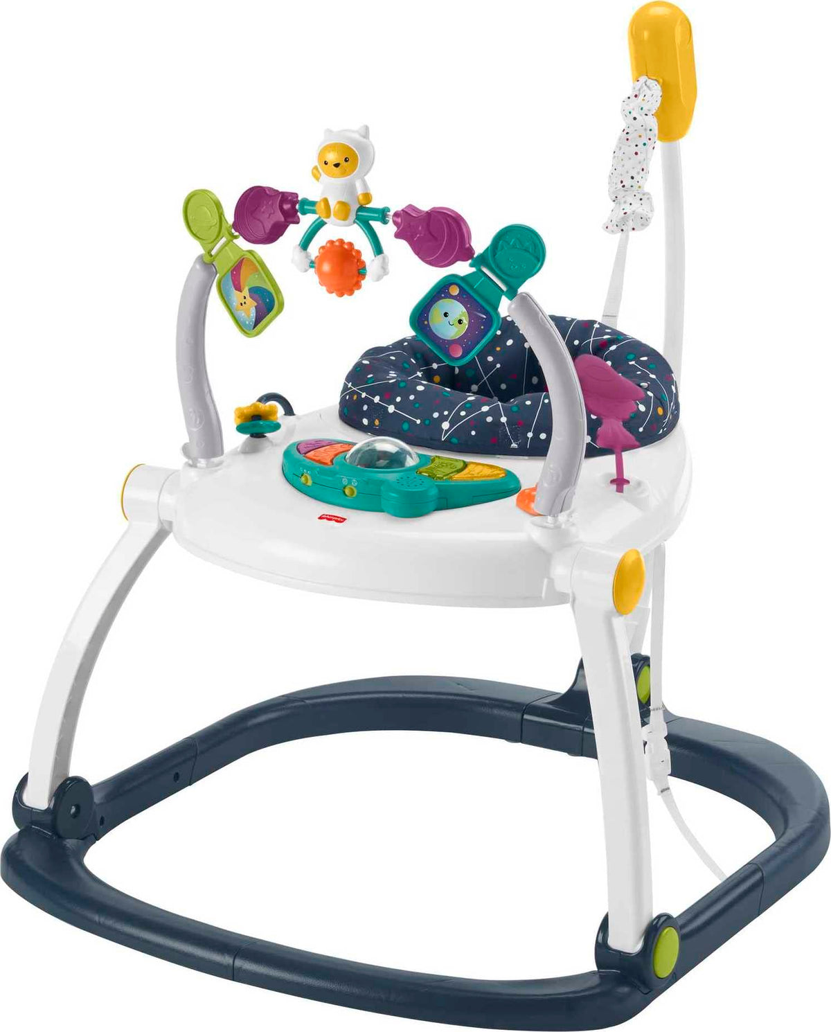 Fisher-Price Astro Kitty Jumperoo front view showing bouncing action for gross motor play