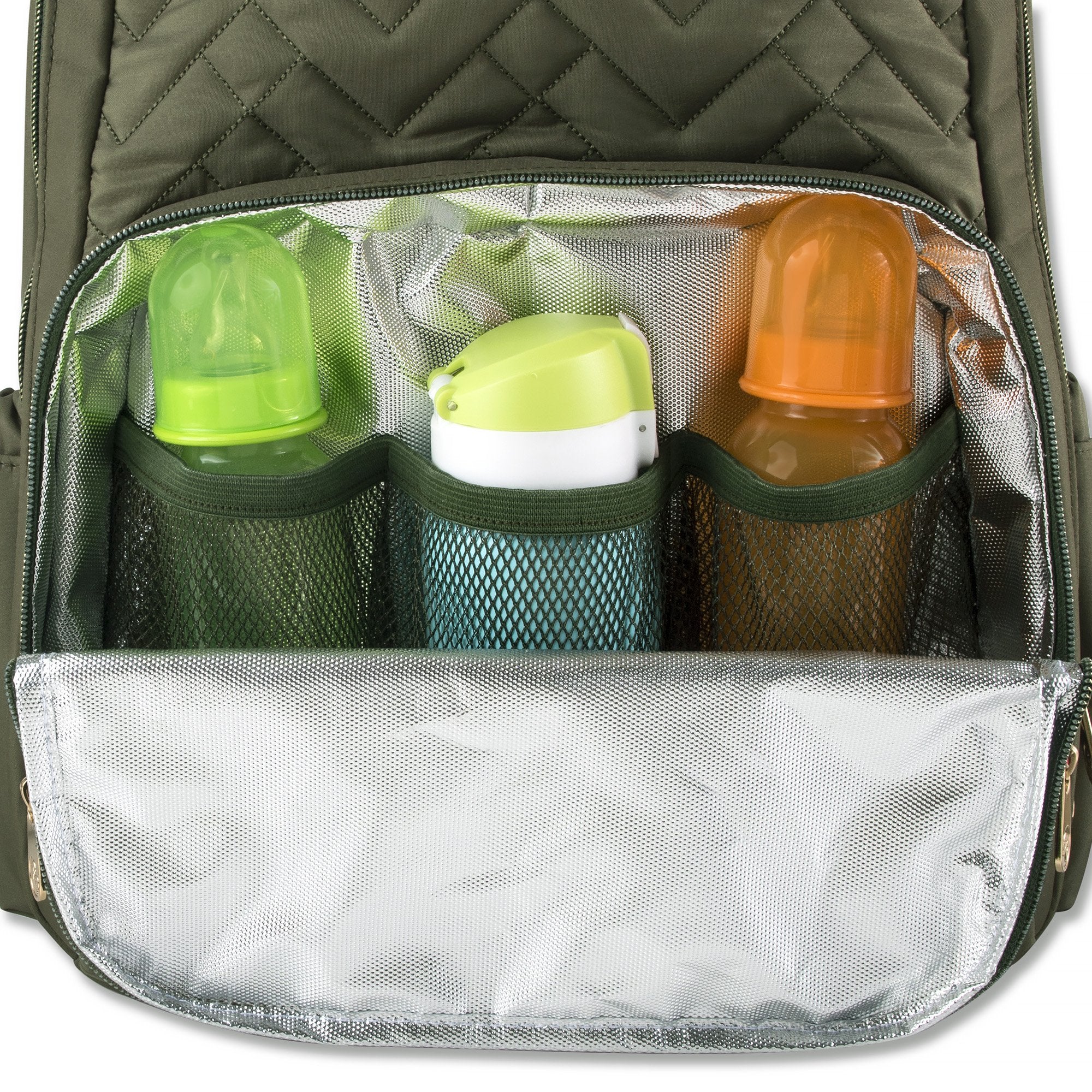 Fisher-Price Baby Morgan Quilted Backpack Olive changing pad inside shows easy-clean surface