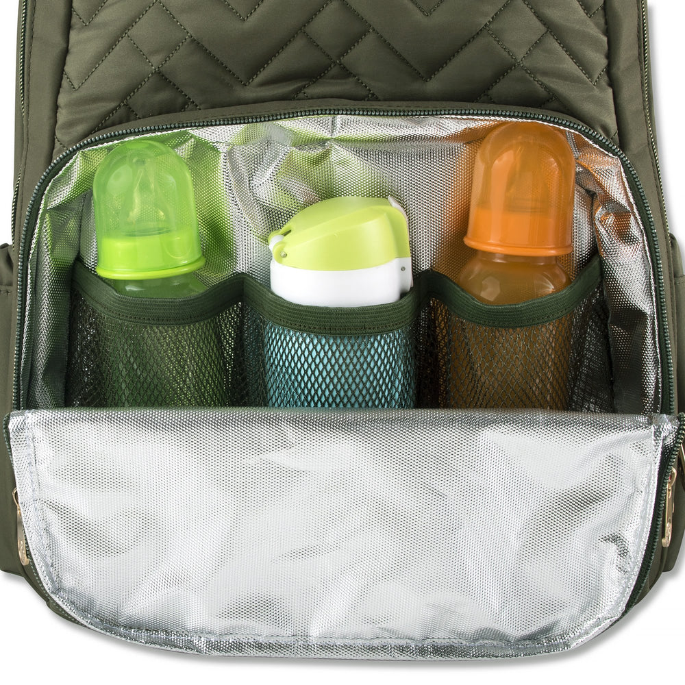 Fisher-Price Baby Morgan Quilted Backpack Olive changing pad inside shows easy-clean surface