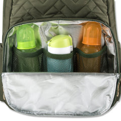 Fisher-Price Baby Morgan Quilted Backpack Olive changing pad inside shows easy-clean surface