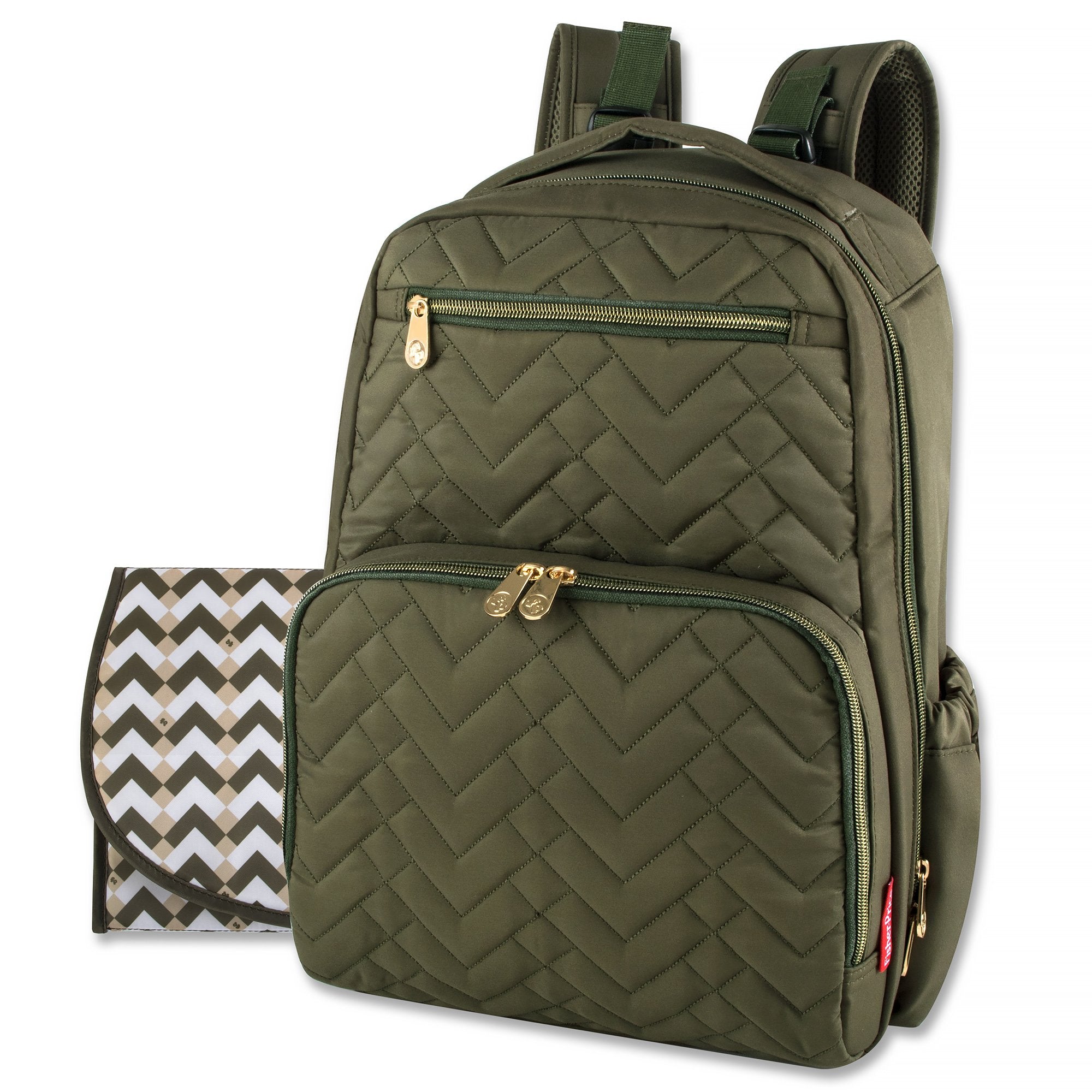 Fisher-Price Baby Morgan Quilted Backpack Olive front view with insulated bottle pocket for on-the-go feeding