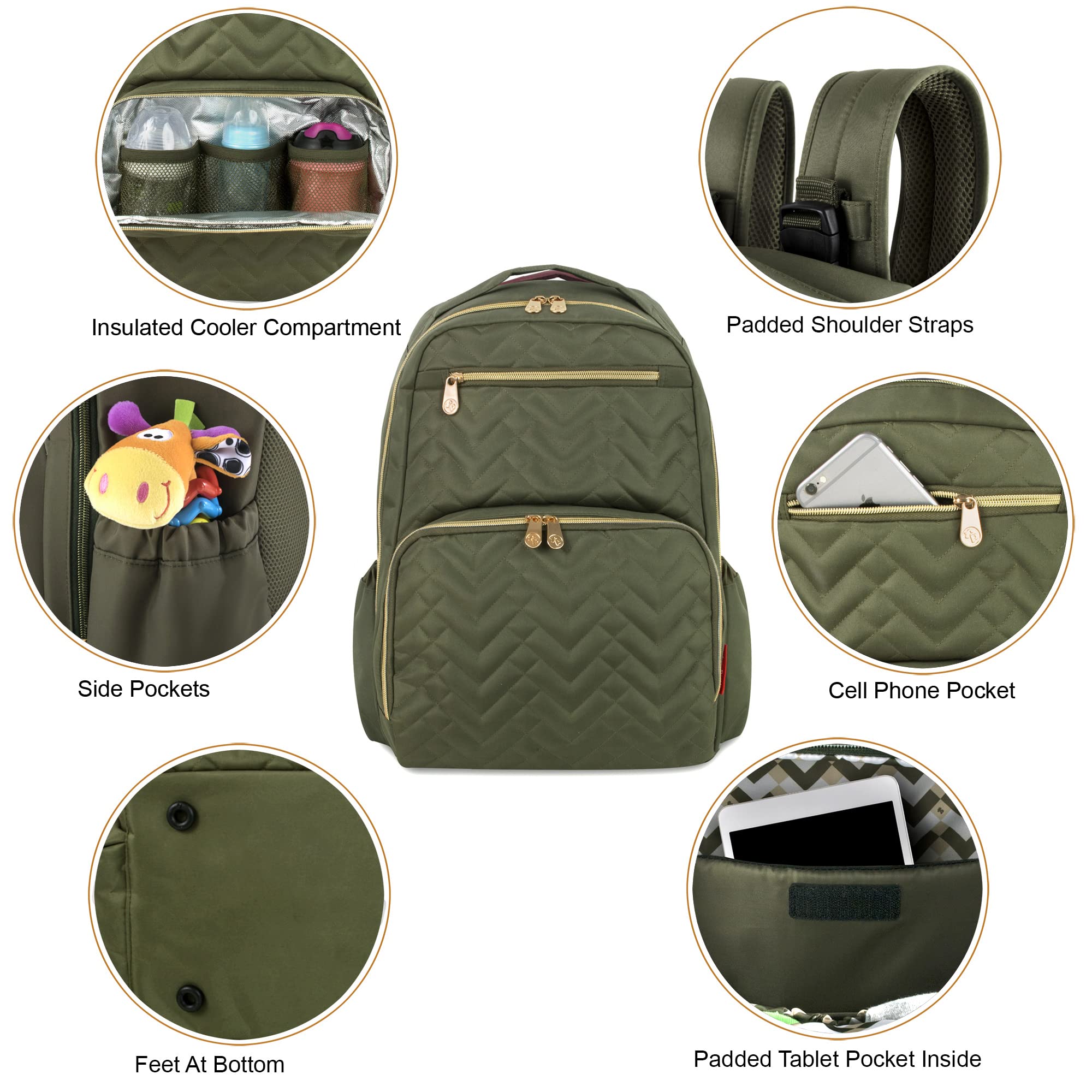 Fisher-Price Baby Morgan Quilted Backpack Olive side pocket view showcasing water bottle storage