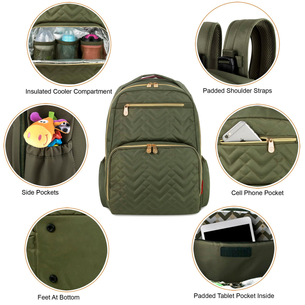 Fisher-Price Baby Morgan Quilted Backpack Olive side pocket view showcasing water bottle storage