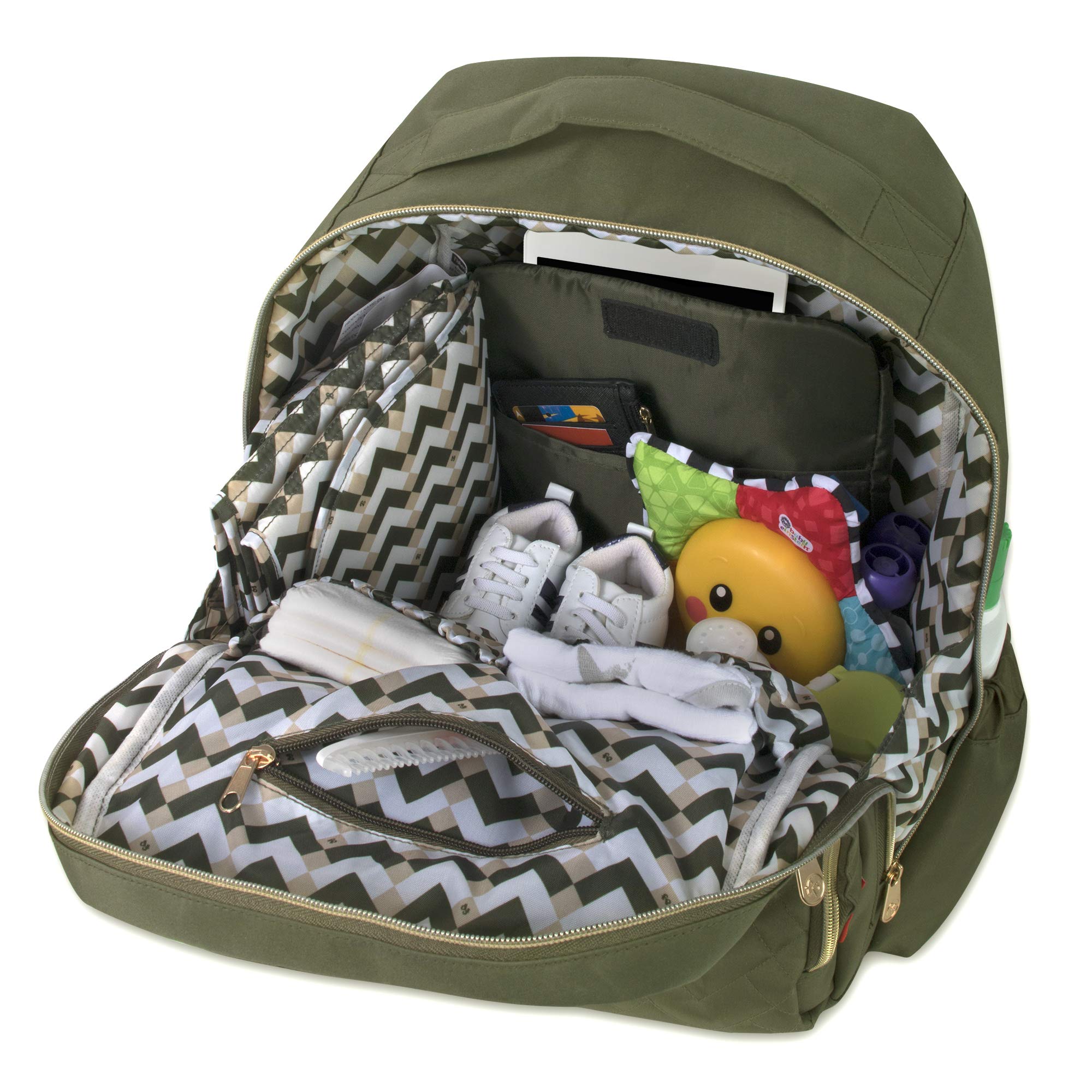 Fisher-Price Baby Morgan Quilted Backpack Olive stroller clips attached for quick mobility