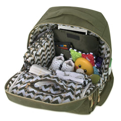 Fisher-Price Baby Morgan Quilted Backpack Olive stroller clips attached for quick mobility