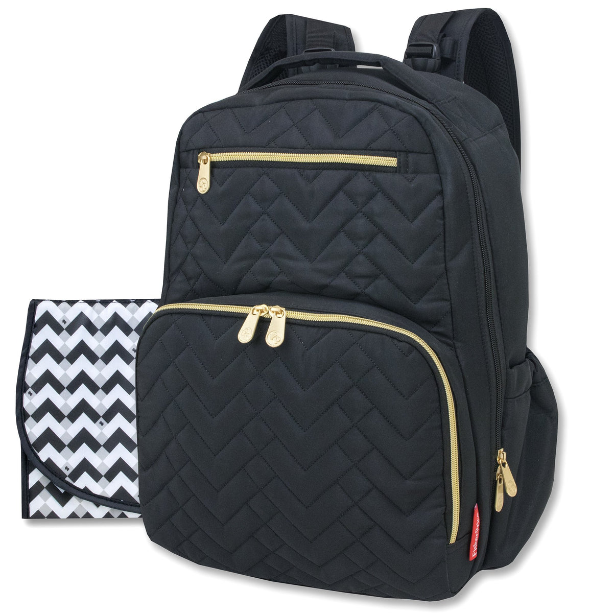 Fisher-Price Baby Signature Morgan backpack front view with insulated bottle pocket for on-the-go feeding.