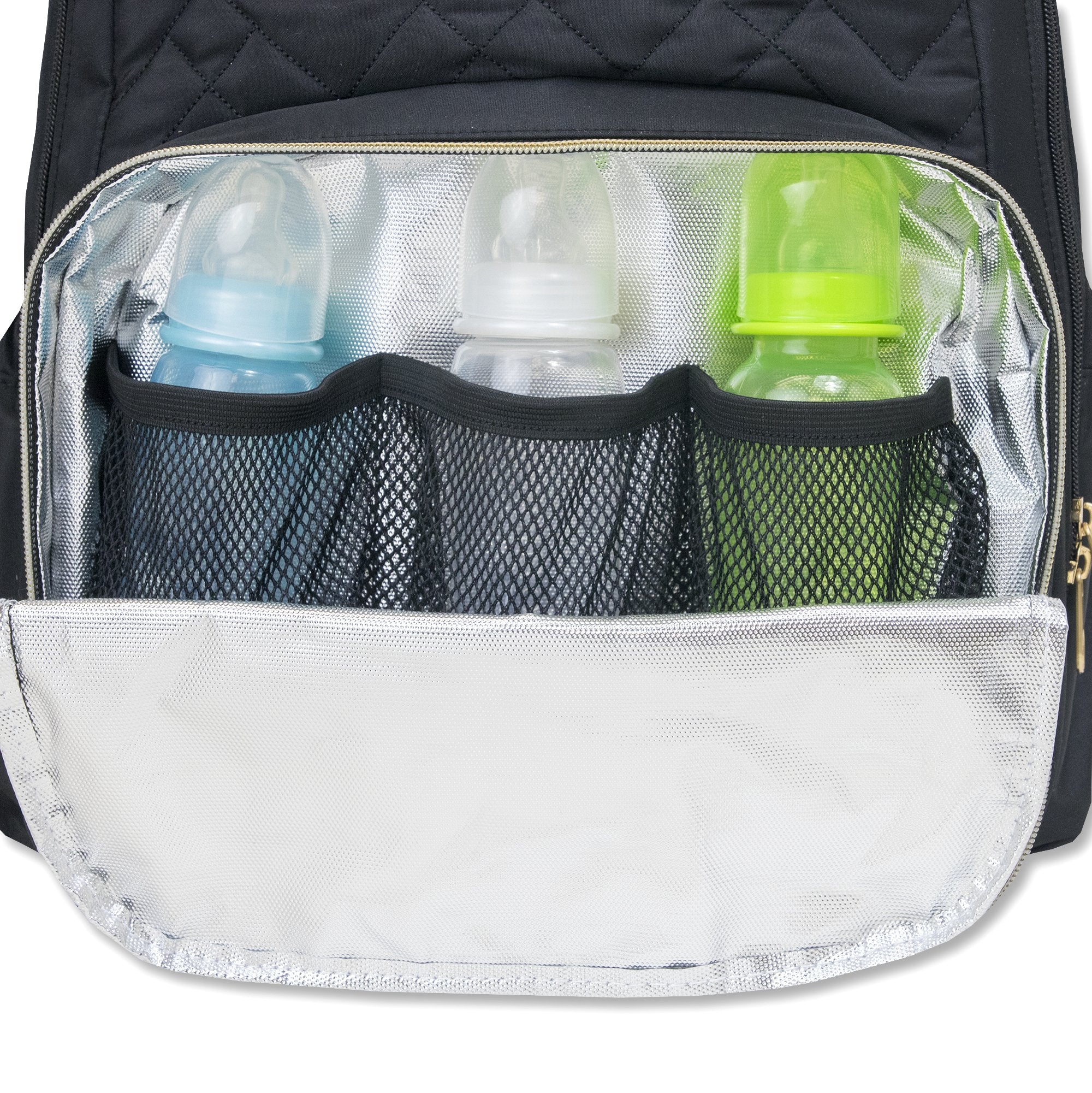Fisher-Price Baby Signature Morgan interior view highlighting multiple pockets for devices and valuables.