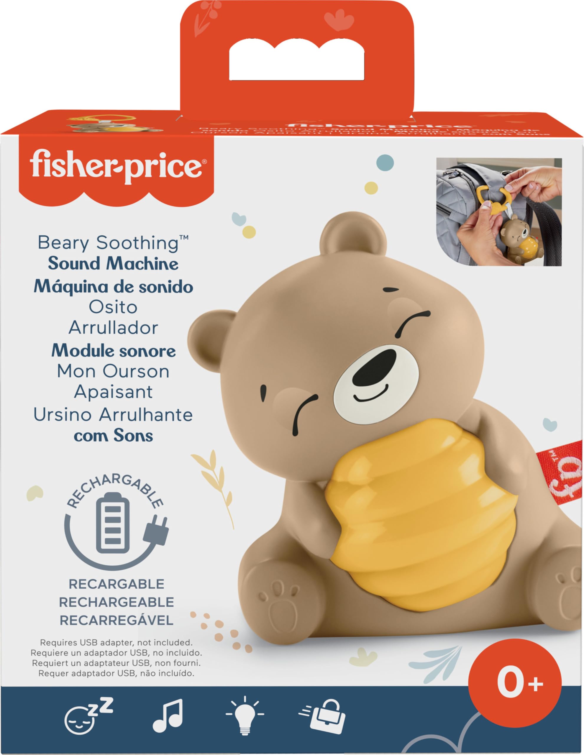 Fisher-Price Beary includes honeybee link for attaching to strollers and bags.
