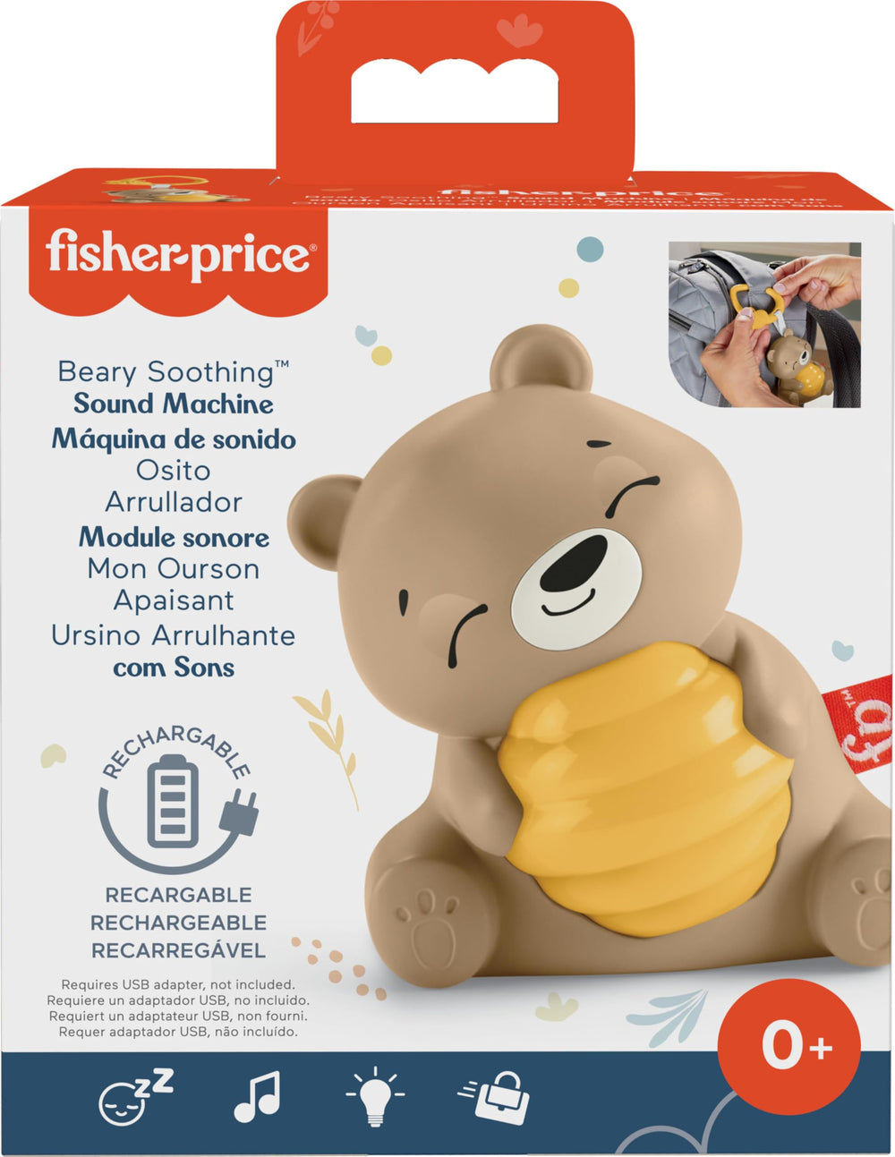 Fisher-Price Beary includes honeybee link for attaching to strollers and bags.