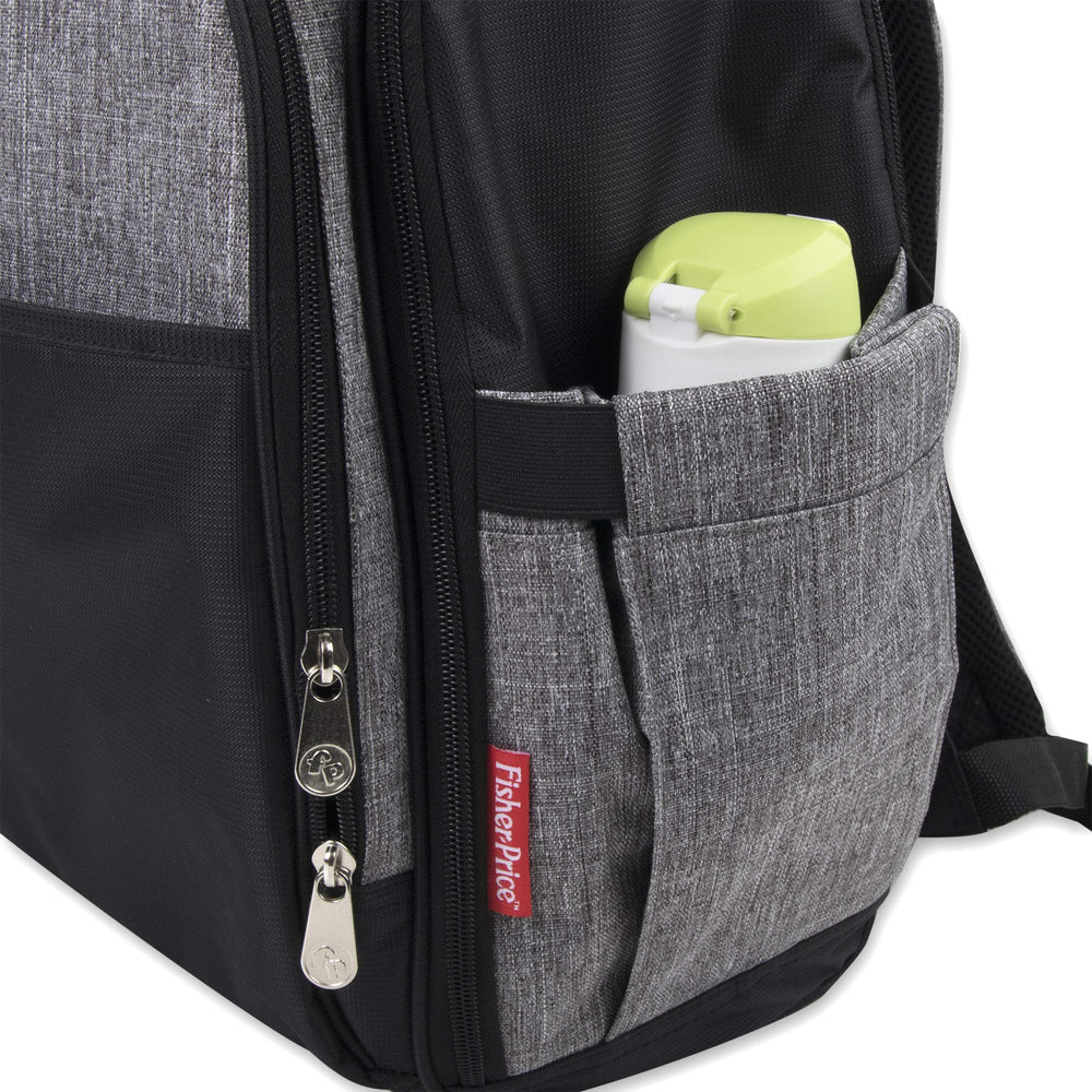 Fisher-Price diaper bag front Velcro pocket for fast access to essentials.