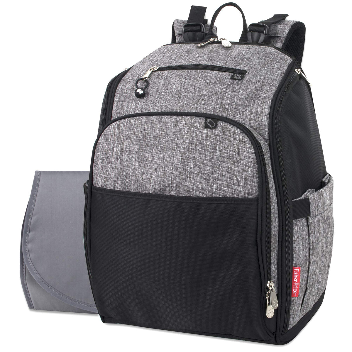 Fisher-Price diaper bag grey backpack front view with organized pockets for quick bottle access.