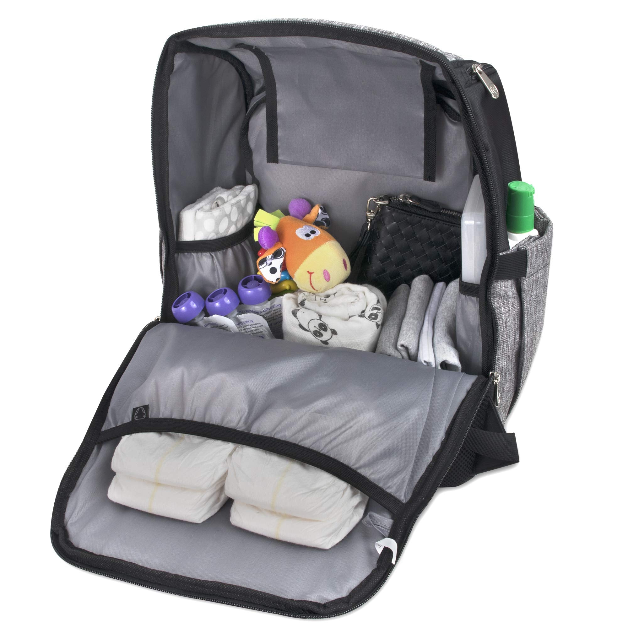 Fisher-Price diaper bag insulated bottle pockets keep drinks at temperature.