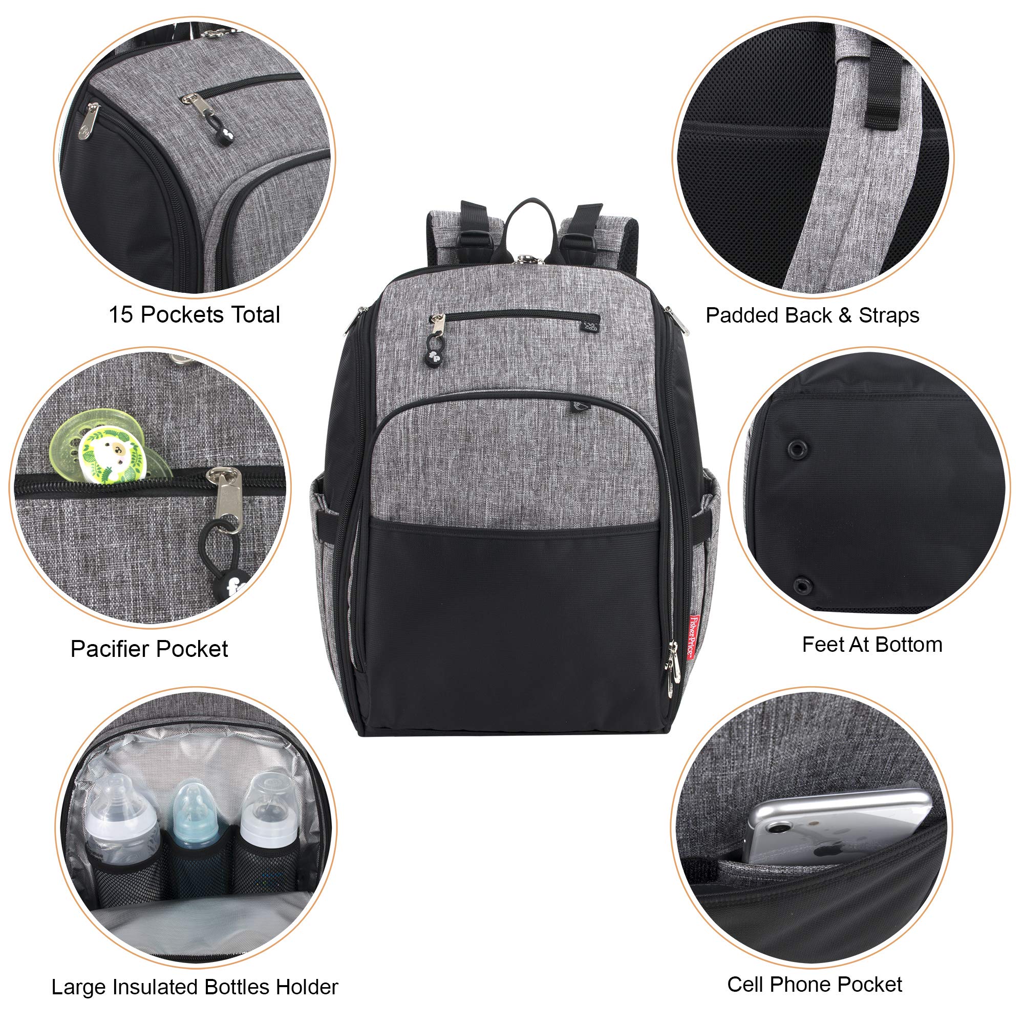Fisher-Price diaper bag padded shoulder straps offer comfortable carrying.