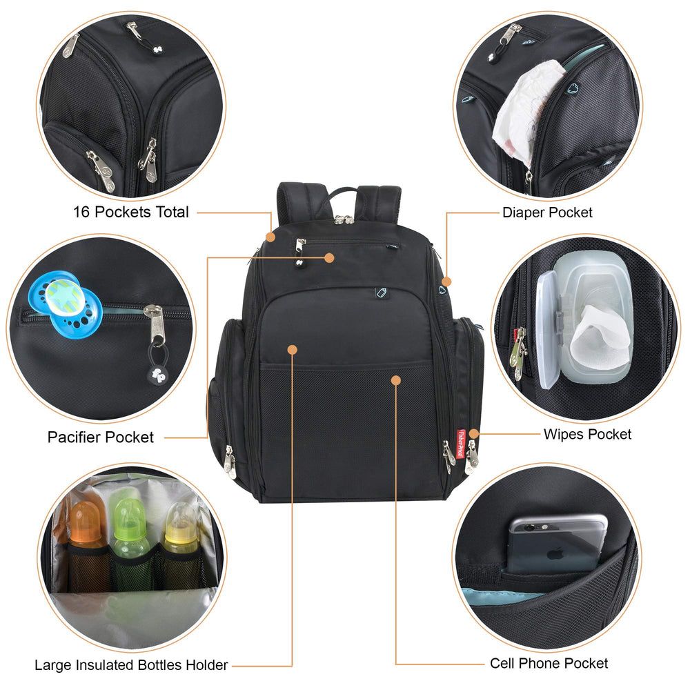 Fisher-Price Kaden bag with side diaper pockets for quick access.