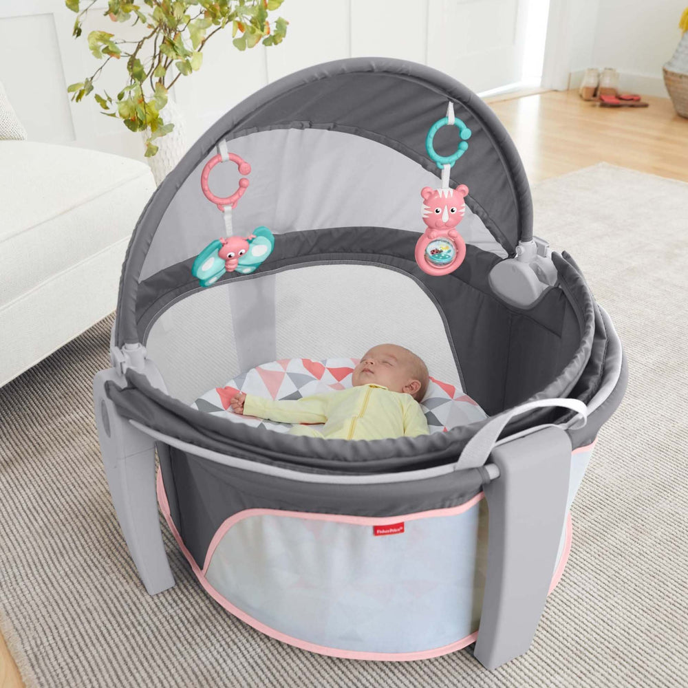 Fisher-Price portable bassinet canopy blocks sun and bugs for outdoor naps.