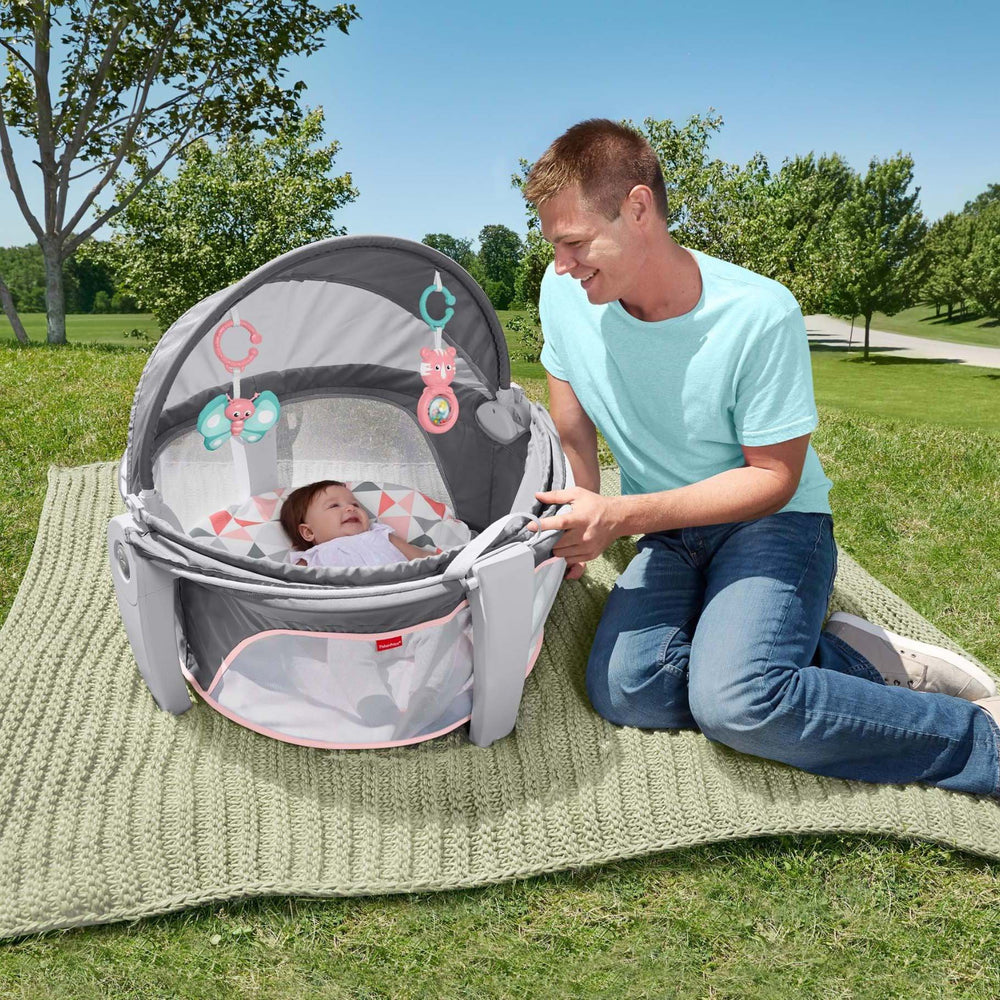Fisher-Price portable bassinet developmental toys engage newborns with gentle motion.