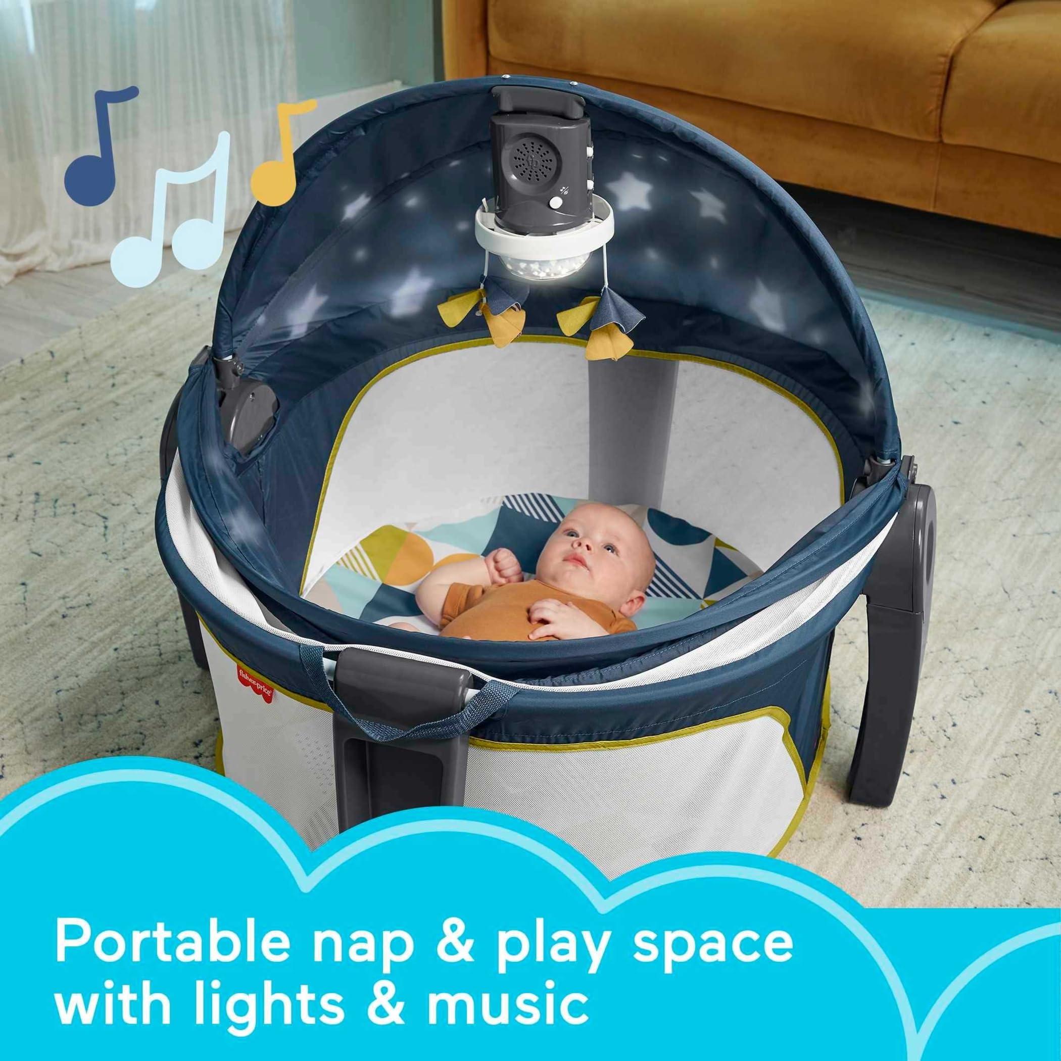 Fisher-Price portable bassinet folds flat for easy travel and setup.