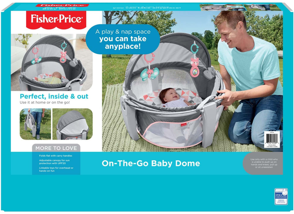 Fisher-Price portable bassinet folds flat for easy storage and transport.