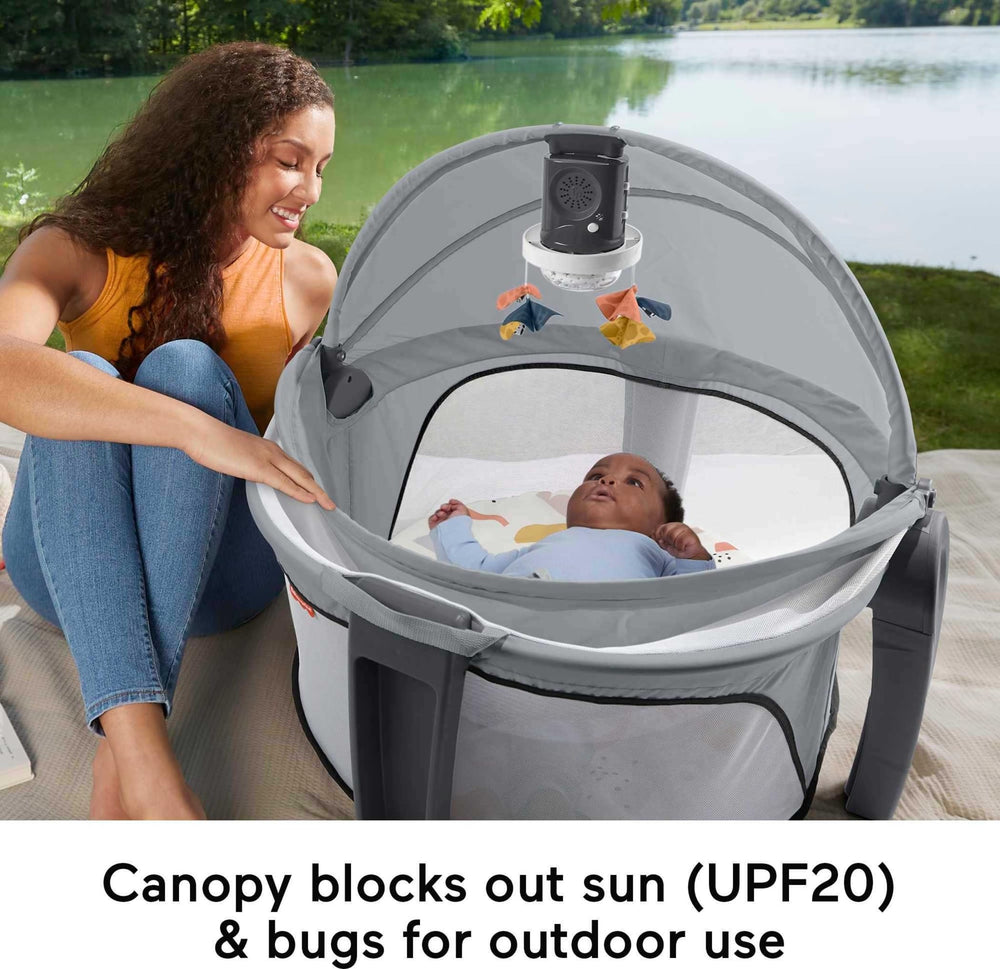 Fisher-Price projection dome breezy mesh sides for clear baby viewing.