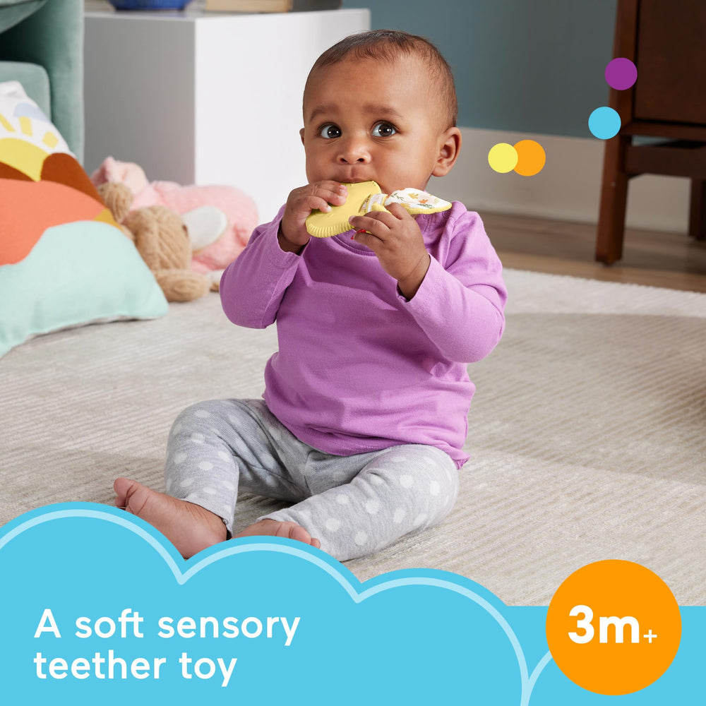 Fisher-Price Snuggle Bunny Teether close-up shows textured silicone surfaces for teething
